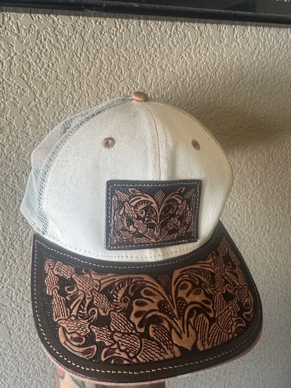Wrangler White Mesh Trucker Hat with Brown Tooled Leather Accents